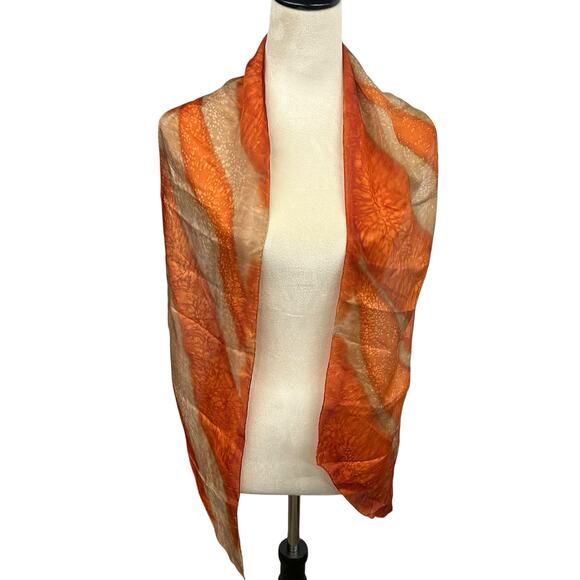 Boho Chic Sheer Silk Scarf Orange Abstract Print Lightweight Wrap - Picture 1 of 4